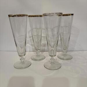 Vintage Pilsner Beer Glasses Set of 4 Footed Round Ball Stem Some Gold Missing
